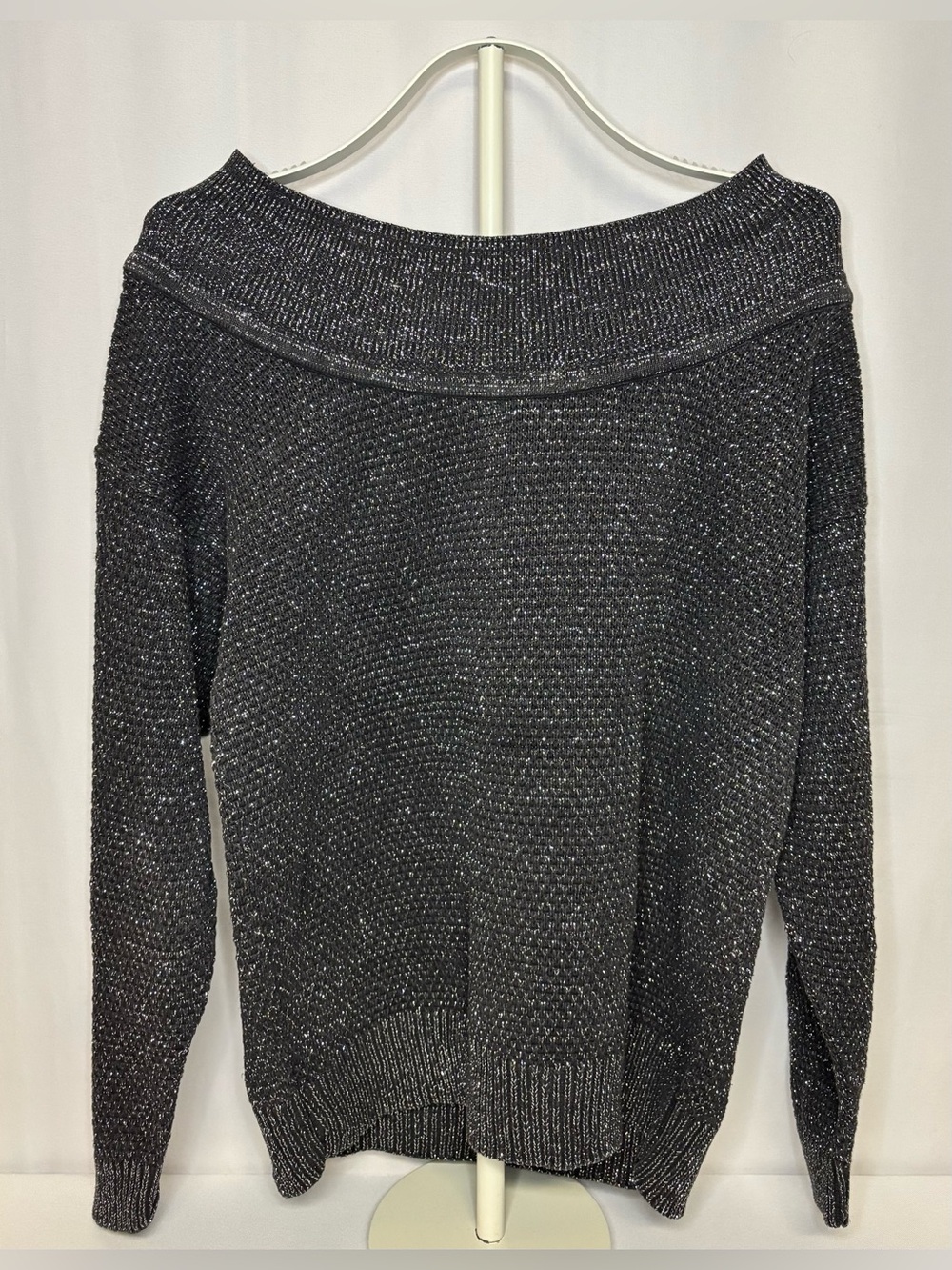Jacqueline Ferrar Metallic Off Shoulder Knit Sweater Medium Black Silver M